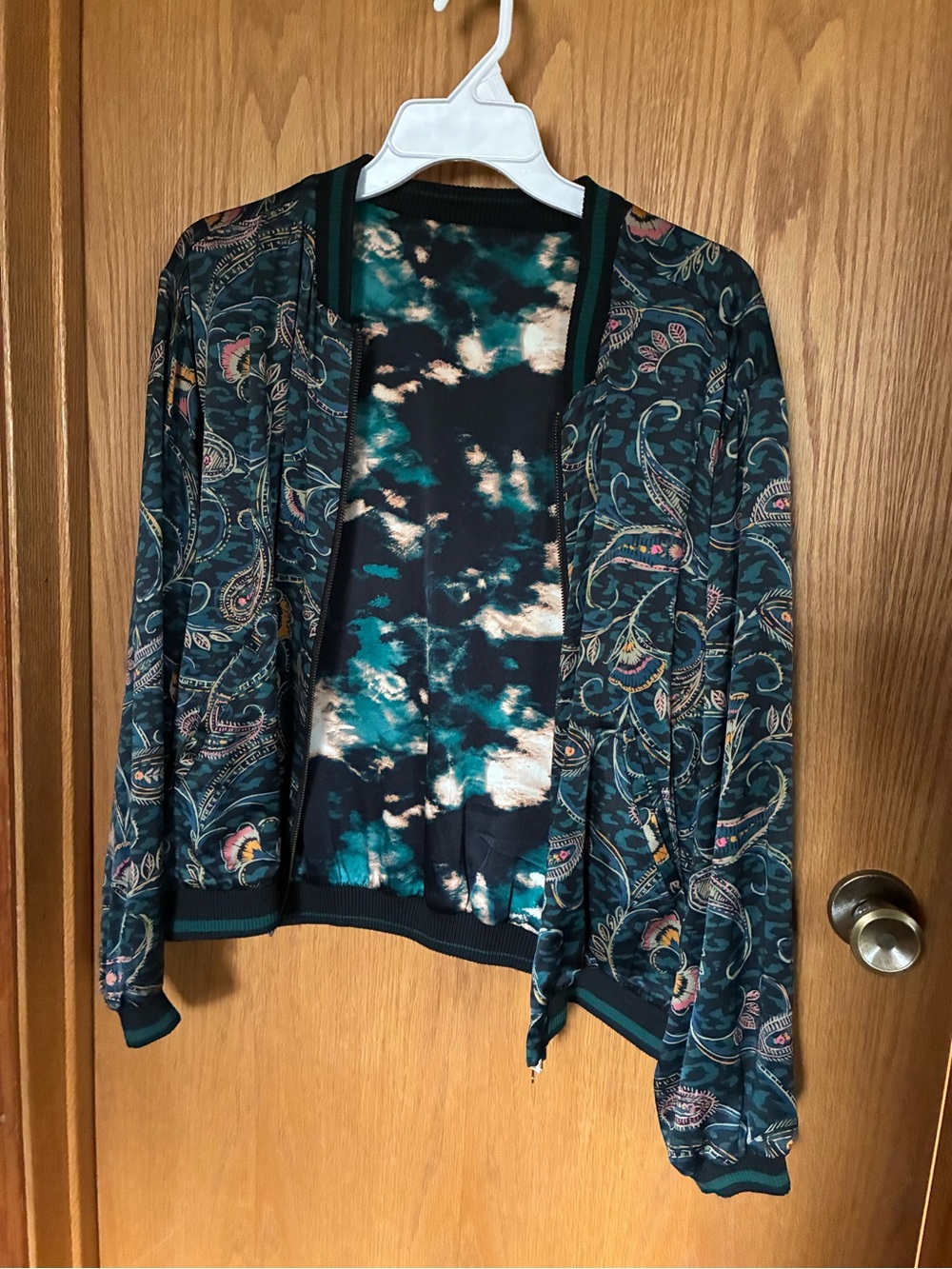 Teal Paisley / tie dye Women's all Silk reversible Bomber Jacket